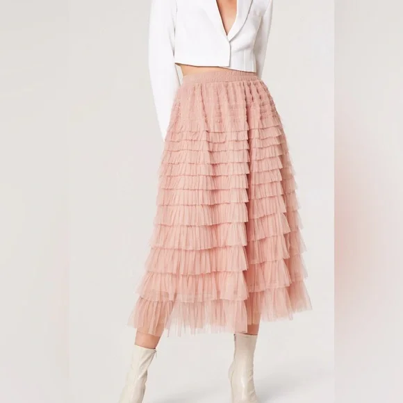 NWT APRCOT Stunning layered Tulle Midi Skirt sz Small Stone colour ruffles lined - Picture 10 of 16